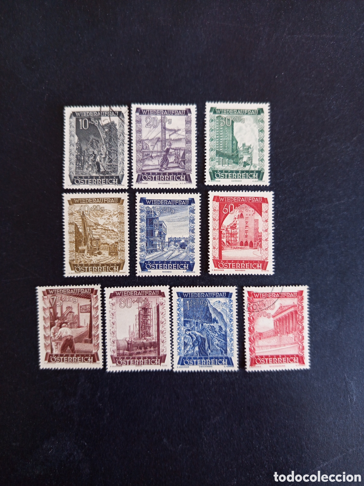Sellos: AUSTRIA, 1948. Reconstrucci&oacute;n del pa&iacute;s. Yvert 712/21. Ver fotos. Serie completa.