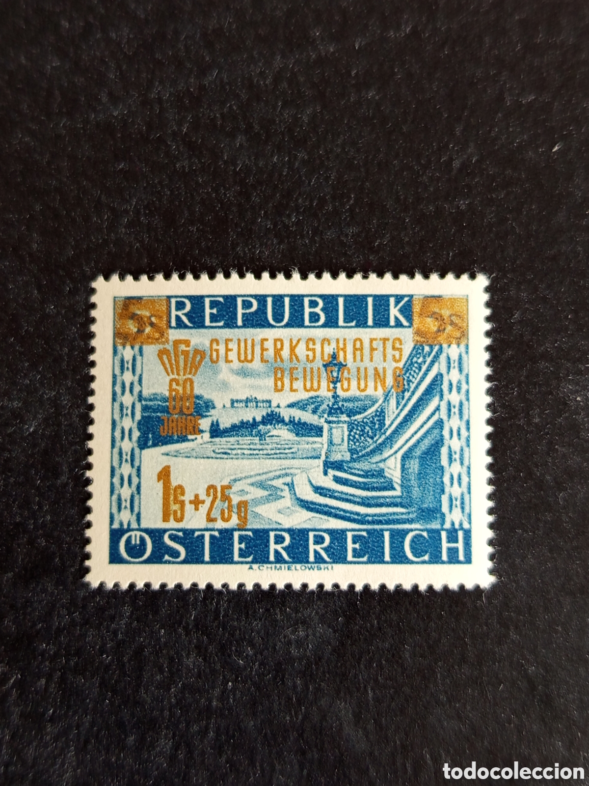 Sellos: AUSTRIA, 1953. PAISAJE. SOBRECARGA EN DORADO. SINDICALISMO. YVERT 820. PEDIDO M&Iacute;NIMO 3 &euro;. VER FOTO