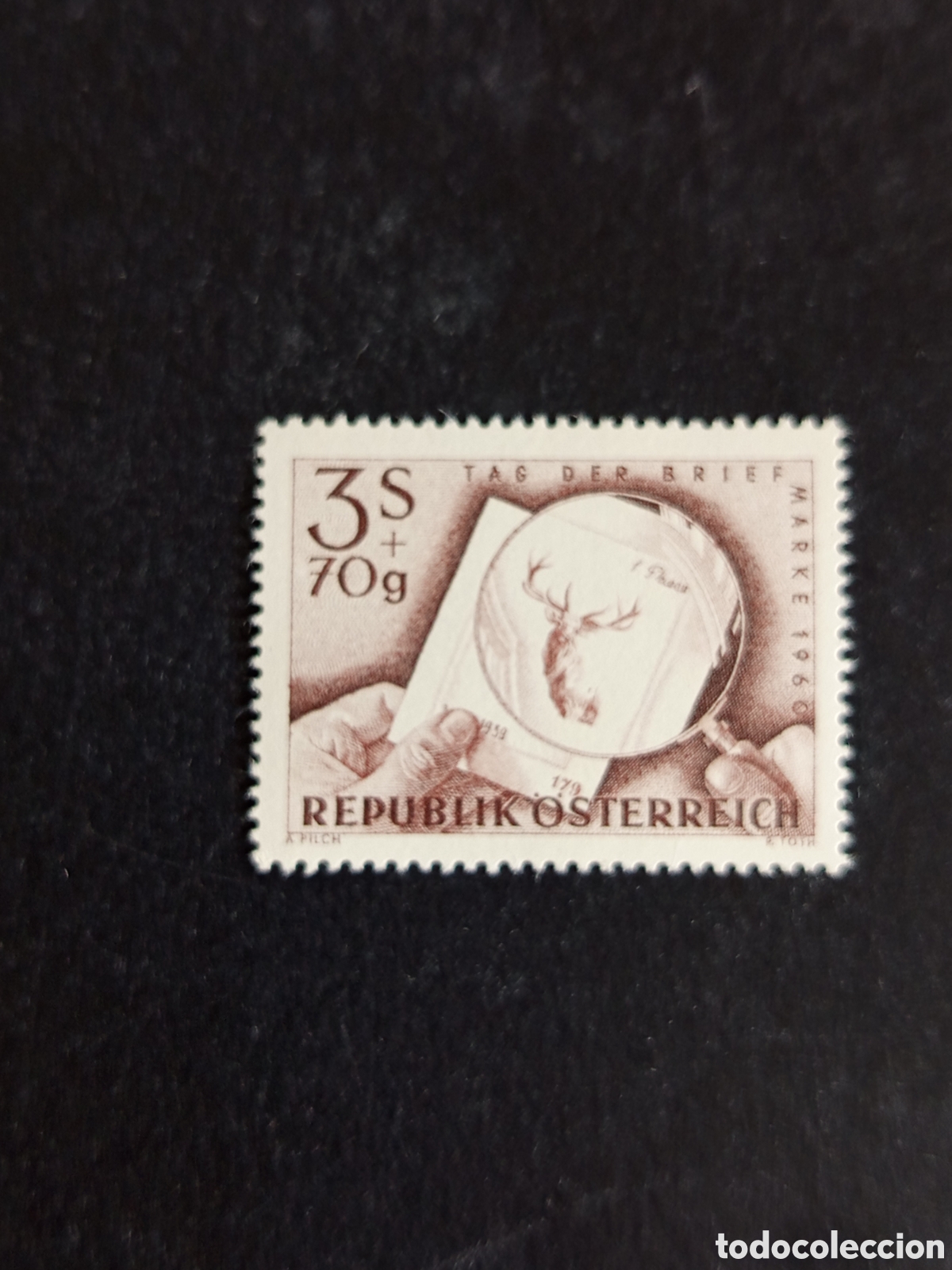 Sellos: AUSTRIA, 1960. DIA DEL SELLO. LUPA Y SELLO. YVERT 924. PEDIDO M&Iacute;NIMO 3 &euro;. VER FOTOS .