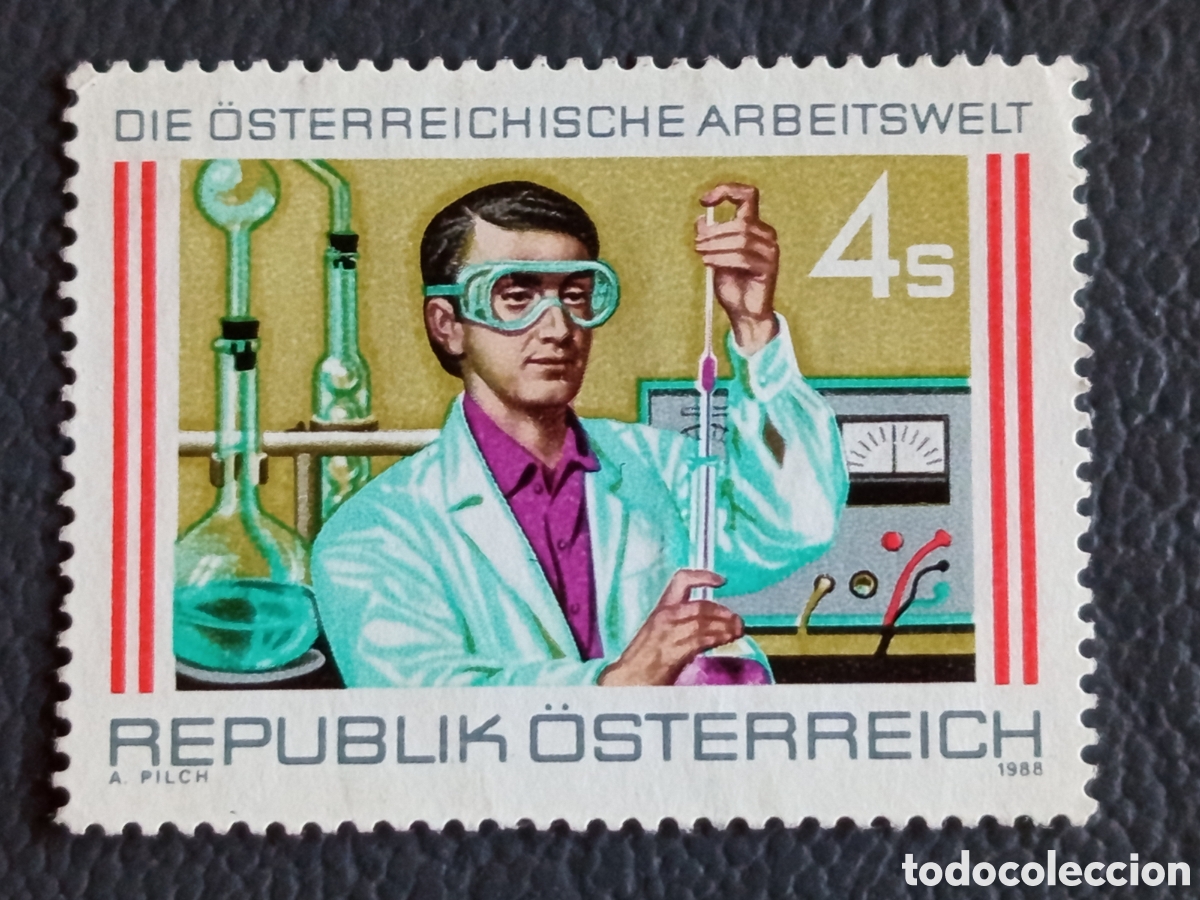 Sellos: Sello Austria 1988 Mundo Laboral Laboratorio Quimico Cientifico 4S Mi#1918 MH