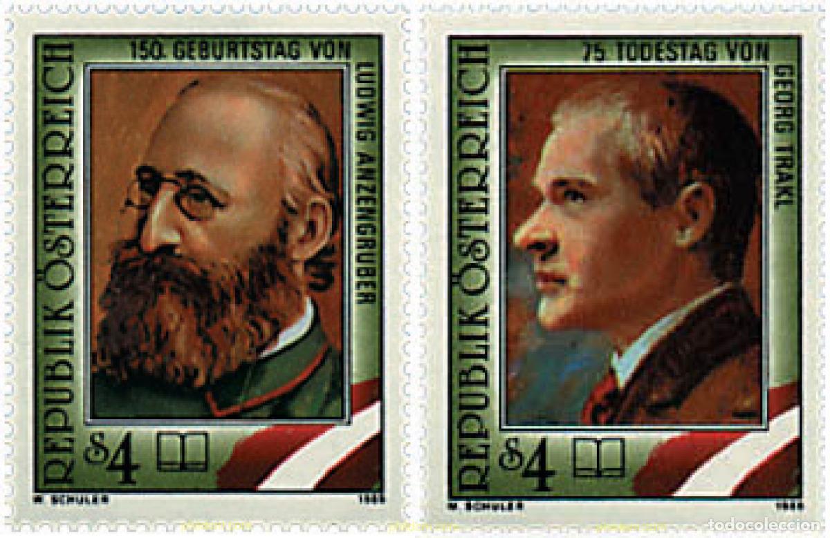 Sellos: 121026 MNH AUSTRIA 1989 75 ANIVERSARIO DE LA MUERTE DE GEORG TRAKL Y 150 DEL NACIMIENTO DE LUDWIG A
