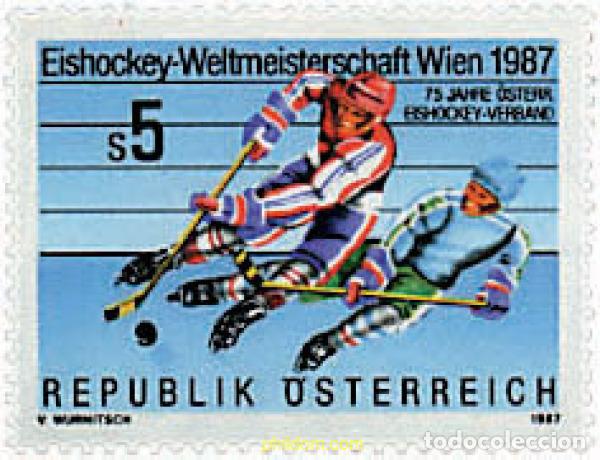Sellos: 69189 MNH AUSTRIA 1987 CAMPEONATOS DEL MUNDO DE HOCKEY SOBRE HIELO EN VIENA Y 75 ANIVERSARIO DE LA