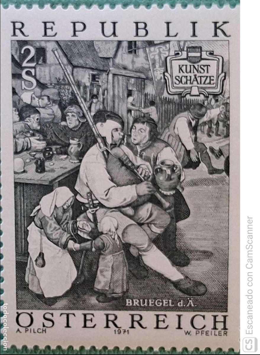 Sellos: Austria. 1190 Arte en Austria: La danza de los campesinos de Breughel. 1971. Sellos nuevos y numerac