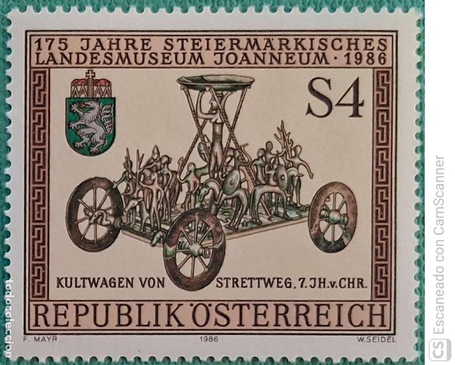 Sellos: Austria. 1697 Museo provincial de Styrie: Char culturel de Strettweg. 1986. Sellos nuevos y numeraci