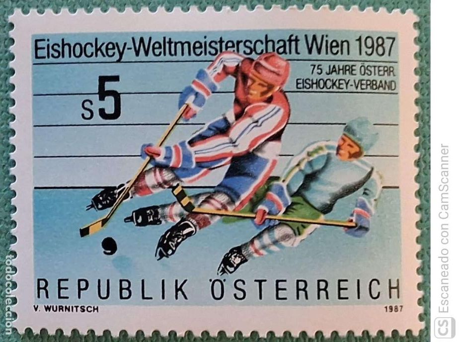 Sellos: Austria. 1706 Campeonato mundial de Hockey sobre hielo, en Viena: Jugadores en acci&oacute;n. 1987. Sellos