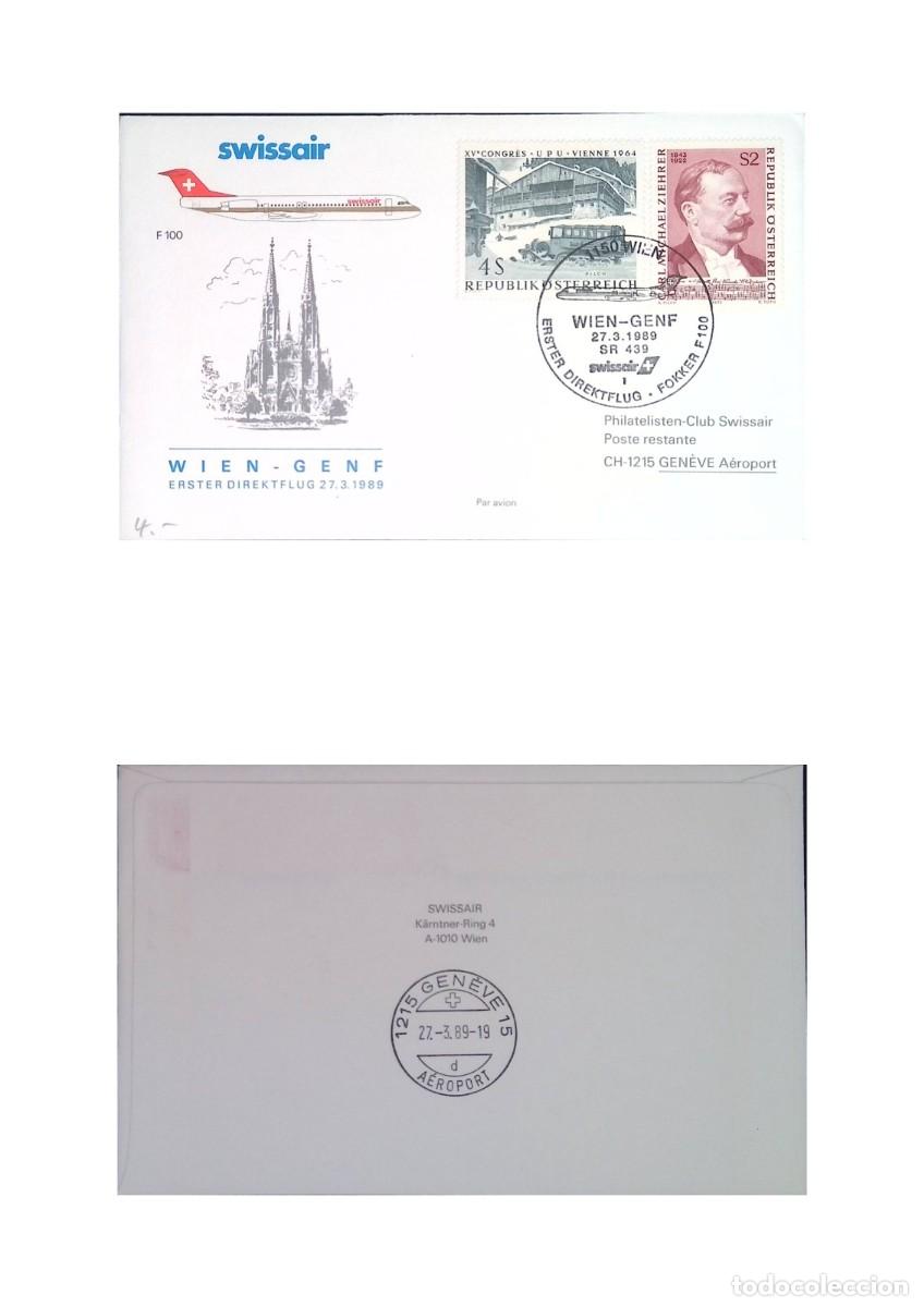 Sellos: O) 1989 AUTRIA, SWISSAIR WIEN - GENF, CARL MICHAEL ZIEHRER - COMPOSER, POSTAL SLEIGH TRUCK INTHE