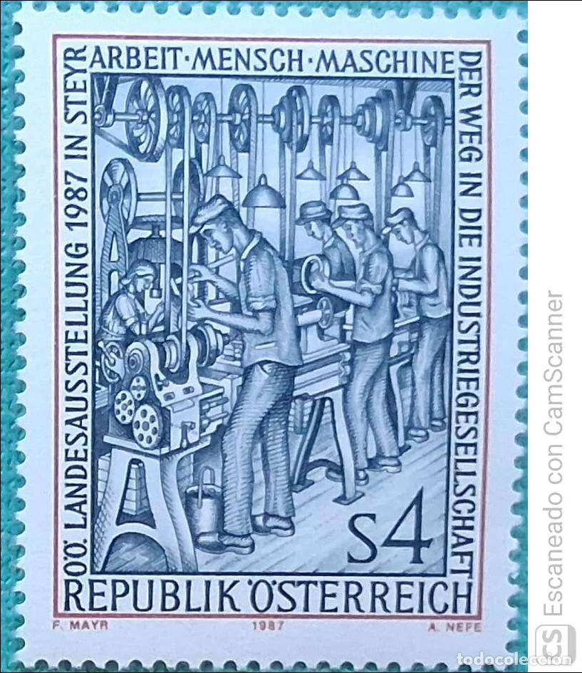 Sellos: Austria. 1709 Exposici&oacute;n del tema:Travail-Homme-Machine. 1987.Sellos nuevos y numeraci&oacute;n Yvert.