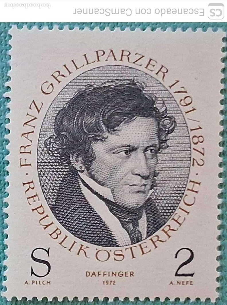 Sellos: Austria. 1210 Poeta Franz Grillpazer. 1972. Sellos nuevos y numeraci&oacute;n Yvert.