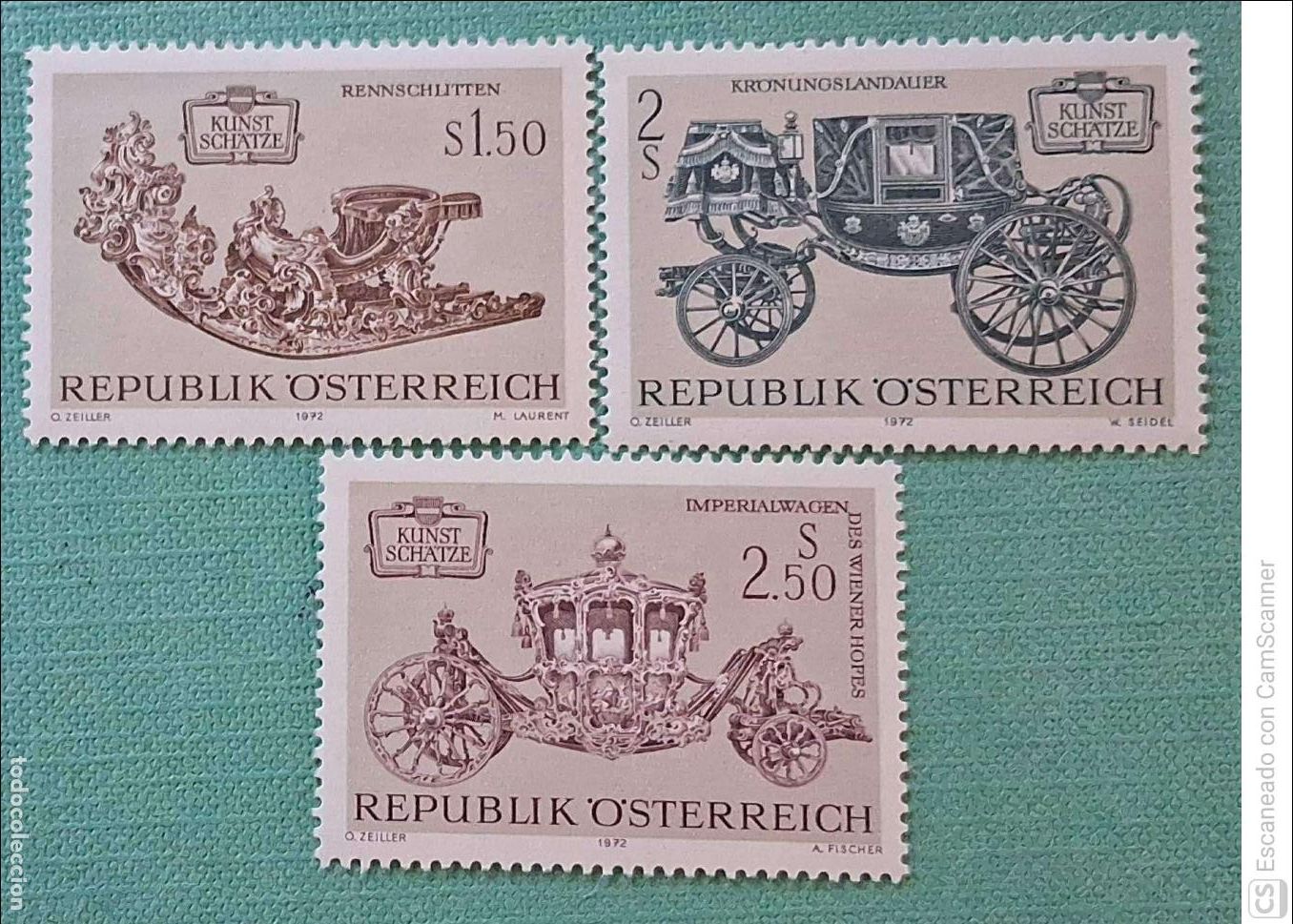 Sellos: Austria. 1236/38 Tesoros del arte austriaco: Medios de transporte antiguos. 1972. Sellos nuevos y nu