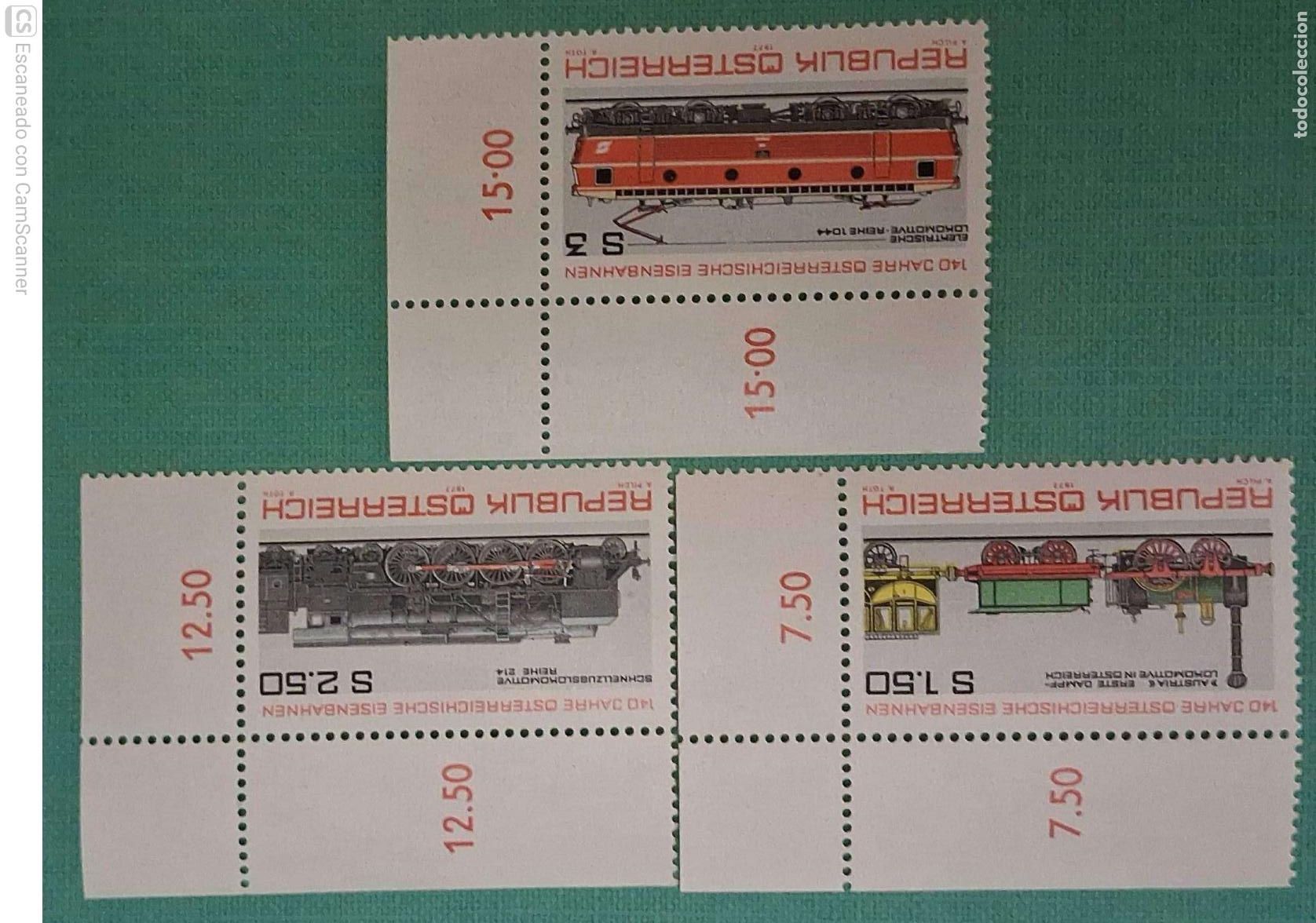 Sellos: Austria. 1389/91 Aniversario del ferrocarril austriaco: Locomotoras. 1977. Sellos nuevos y numeraci&oacute;