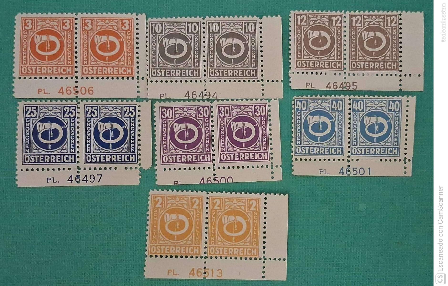 Sellos: Austria. 518,523,524, 527, 528, 529 y 532 Serie b&aacute;sica. 2&ordf; Rep&uacute;blica. 1945. Sellos en pareja y num