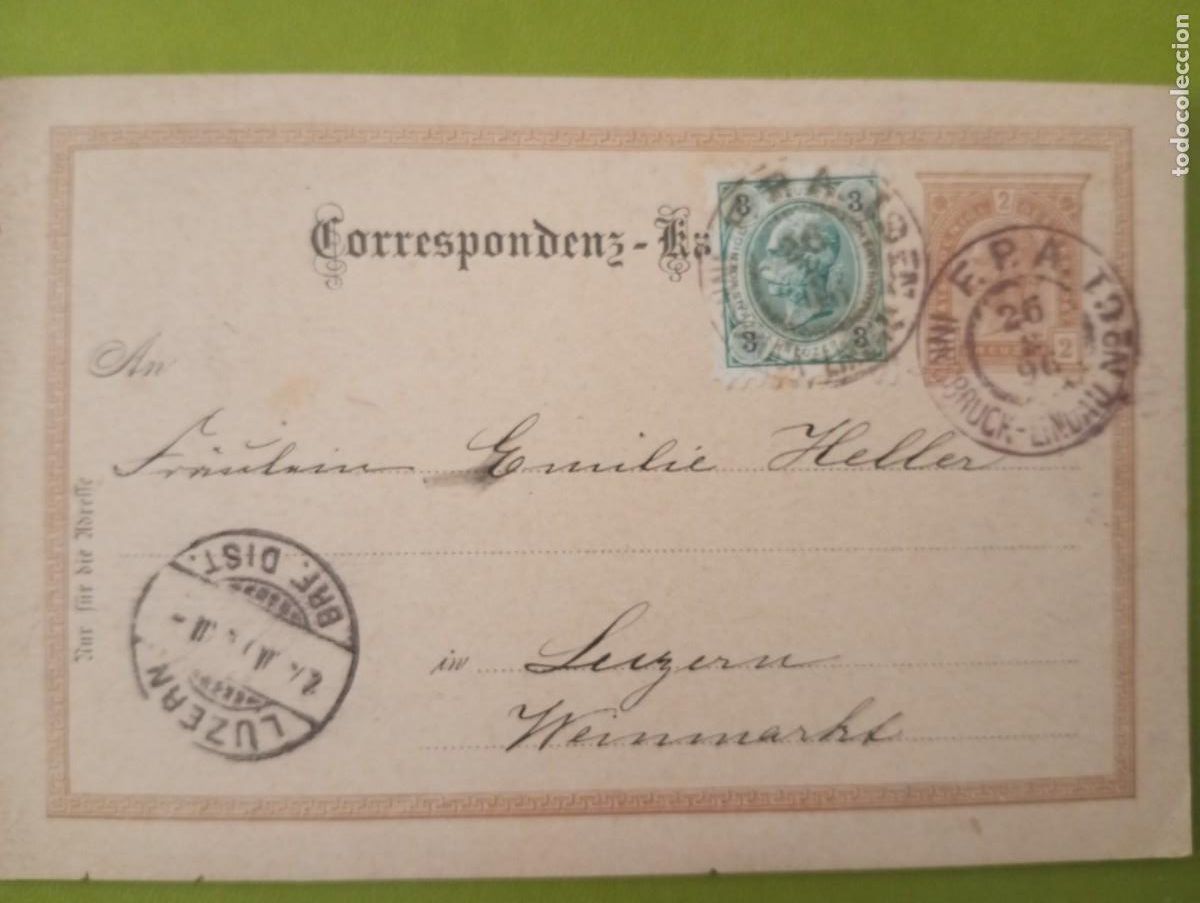 Sellos: AUSTRIA, 1896, ENTERO POSTAL CON FRANQUEO A&Ntilde;ADIDO Y MATASELLOS LLEGADA A SUIZA