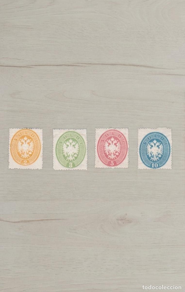 Sellos: Austrian Post in Italy 1858-1859 Lombardy-Venetia Coat of Arms Soldi Currency Set 4v Mint