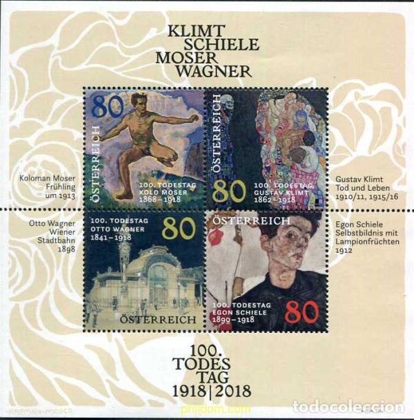 Sellos: 619582 MNH AUSTRIA 2018 100 &deg; ANIVERSARIO DE LA MUERTE DE KLIMT - SCHIELE - MOSER - WAGNER