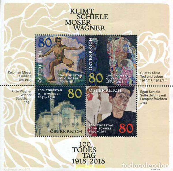 Sellos: 619582 MNH AUSTRIA 2018 100 &deg; ANIVERSARIO DE LA MUERTE DE KLIMT - SCHIELE - MOSER - WAGNER