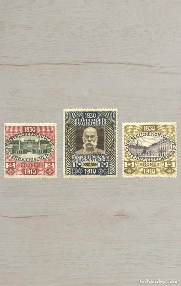 Sellos: Lote de 3 Valores Altos de Austria 1910 - 80 Aniversario Nacimiento Francisco Jos&eacute; I - 2, 5 y 10 Kro