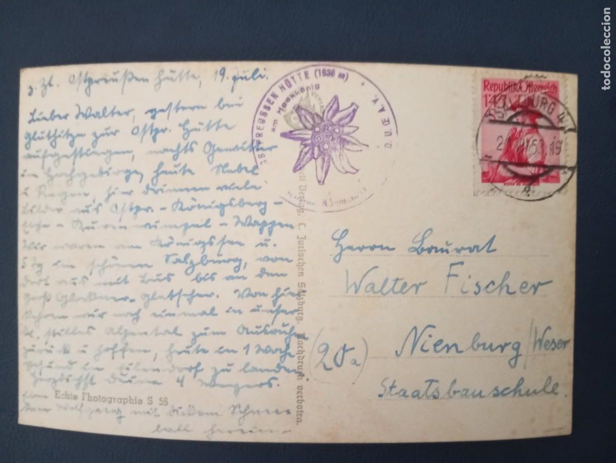Sellos: AUSTRIA, 1953, POSTAL DE SALZBURGO CON EL SELLO DEL REFUGIO ALPINO OST PREUSEN. VER DESCRIPCI&Oacute;N