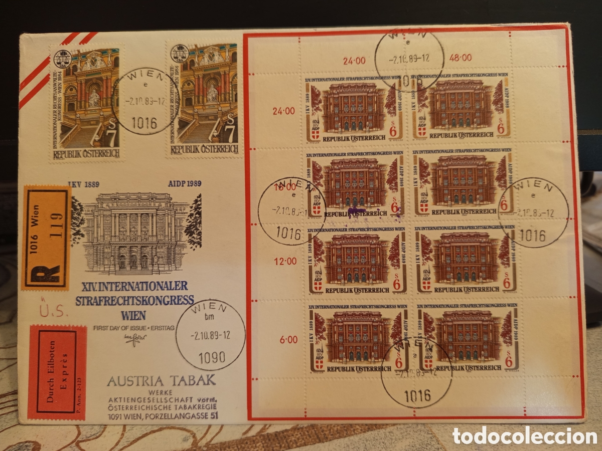 Sellos: &rdquo;Sobre certificado Austria 1989 - Hoja bloque completa Congreso Derecho Penal&rdquo;