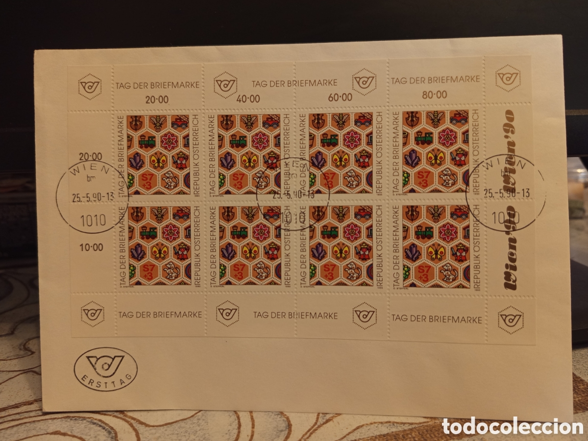 Sellos: &rdquo;Sobre Austria 1990 - Tag der Briefmarke - Hoja bloque juguetes - Wien'90&rdquo;