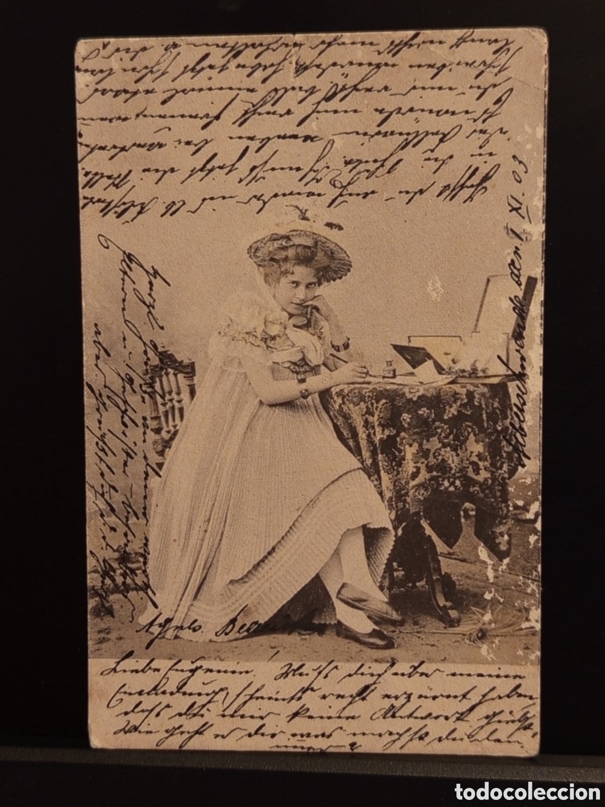 Sellos: Postal Antigua Austria 1903 Dama Escribiendo Carta Foto Sepia - Usada