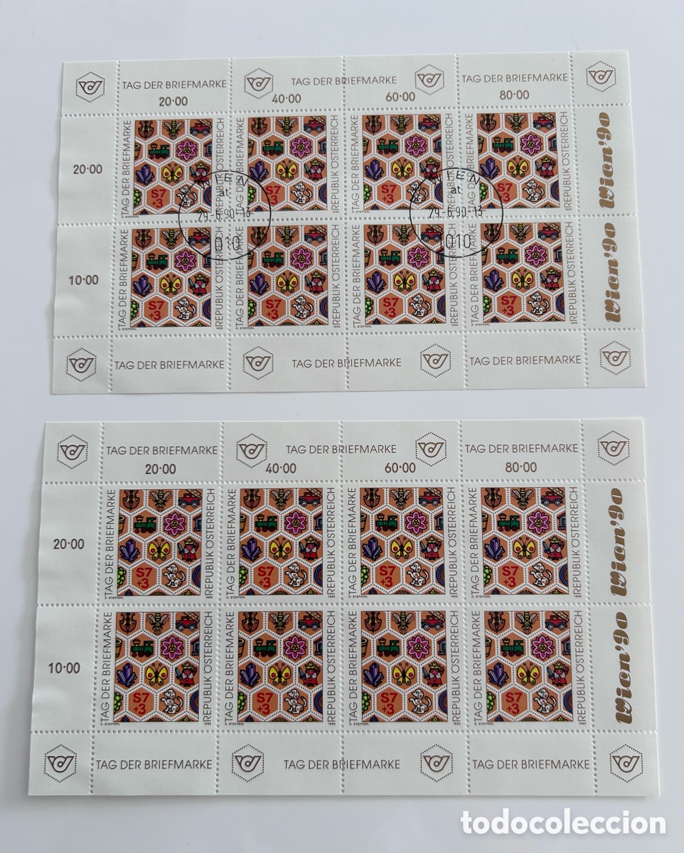Sellos: LOTE 2 PLIEGOS SELLOS AUSTRIA 1990. D&Iacute;A DEL SELLO
