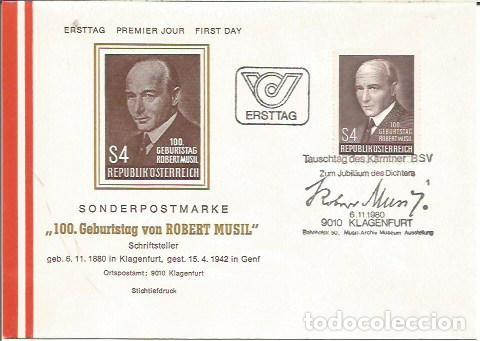 Sellos: FDC AUSTRIA ERSTTAG 100 GEBURTSTAG VON ROBERT MUSIL KLAGENFURT 1980
