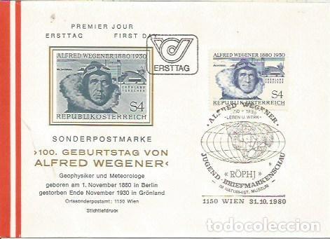 Sellos: FDC AUSTRIA ERSTTAG 100 GEBURYSTAG VON ALFRED WEGENER WIEN 1980