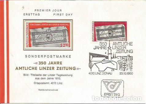 Sellos: FDC AUSTRIA ERSTTAG 350 JHARE AMTLICHE LINZER ZEITUNG LINZ DONAU 1980