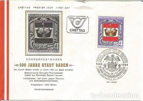 Sellos: FDC AUSTRIA ERSTTAG 500 JAHRE STADT BADEN REPUBLIK OSTERREICH 1980