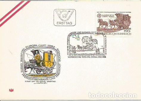 Sellos: FDC AUSTRIA ERSTTAG 150 JHSRE ERSTE PFERDEEISENBAHN LINZ FREISTAD BUDWEIS EUROPA 1982