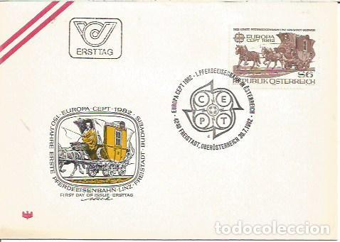Sellos: FDC AUSTRIA ERSTTAG 150 JHSRE ERSTE PFERDEEISENBAHN LINZ FREISTAD BUDWEIS EUROPA 1982