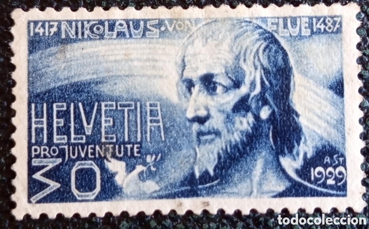 Sellos: Suiza 1929 Sello ben&eacute;fico Pro Juventute - Niklaus von Fl&uuml;e 30 c&eacute;ntimos azul (Michel 163)