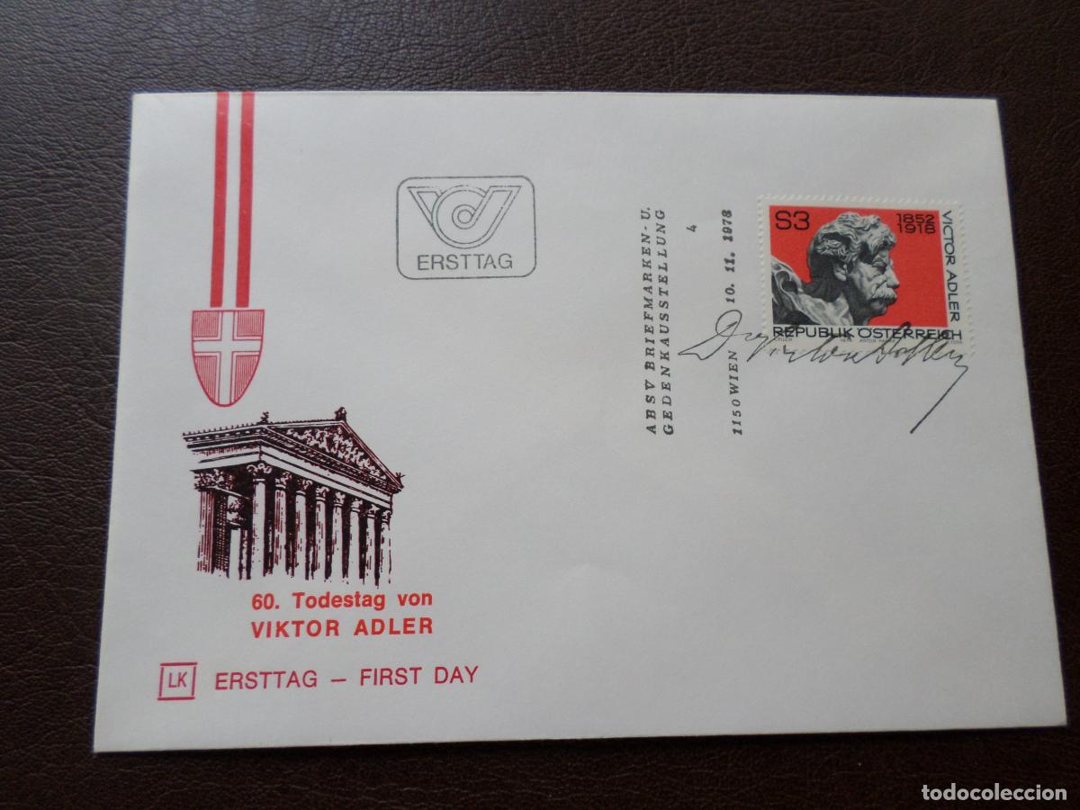 Sellos: austria, 1978, 60 aniversario muerte de viktor adler, Yvert 1418 en sobre primer dia de emision