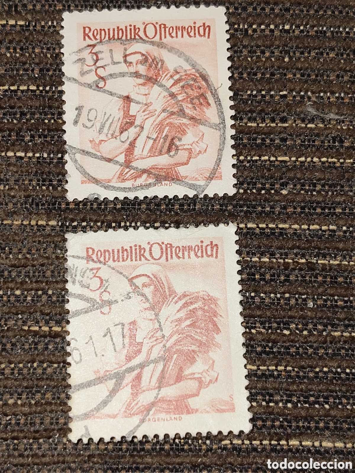 Sellos: 2 sellos de Austria trajes regionales t&iacute;picos de la regi&oacute;n de Burgenland 1948-50