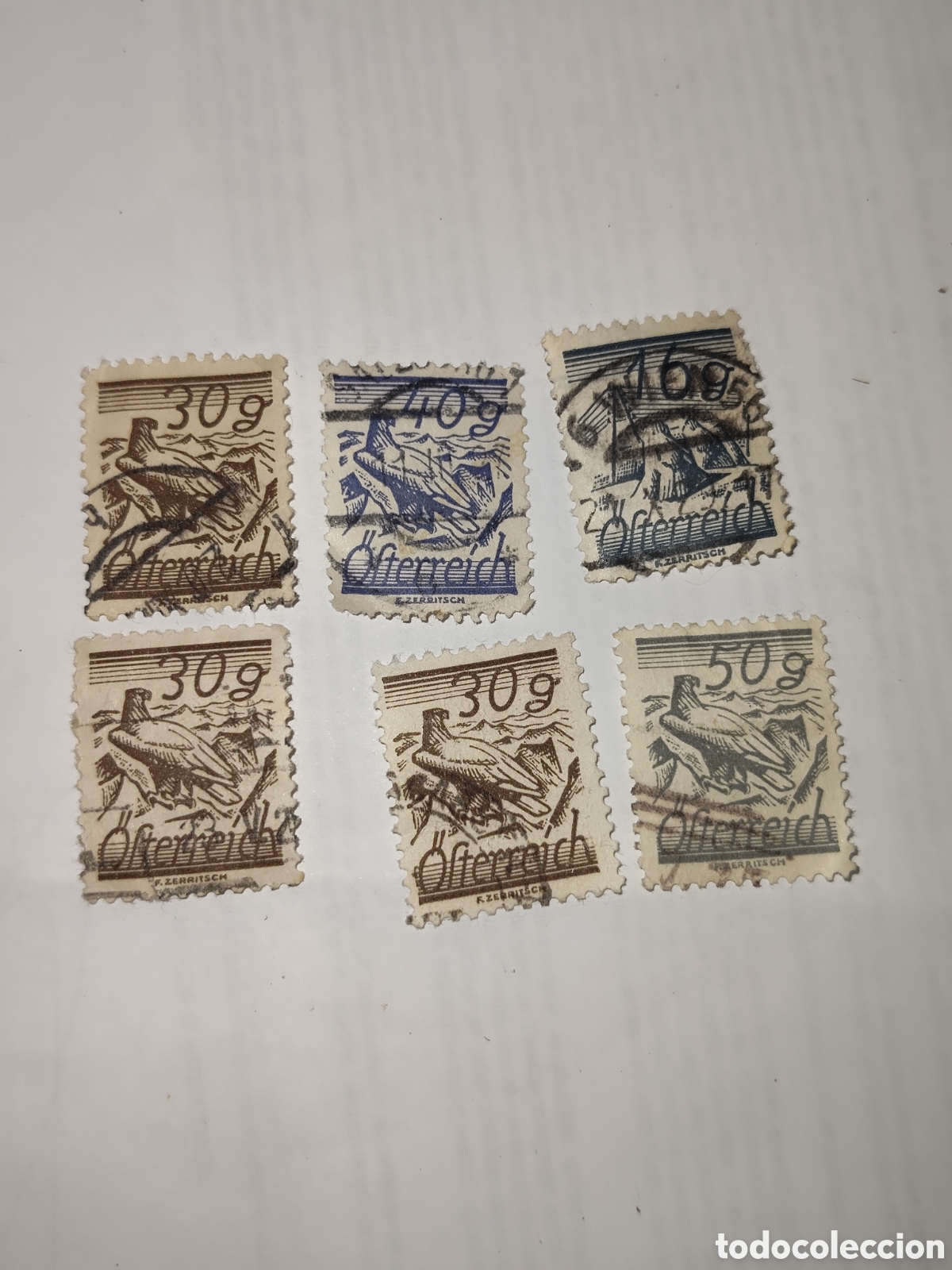 Sellos: 6 sellos de Austria con dise&ntilde;o de &Aacute;guila y paisajes monta&ntilde;oso 1925-27
