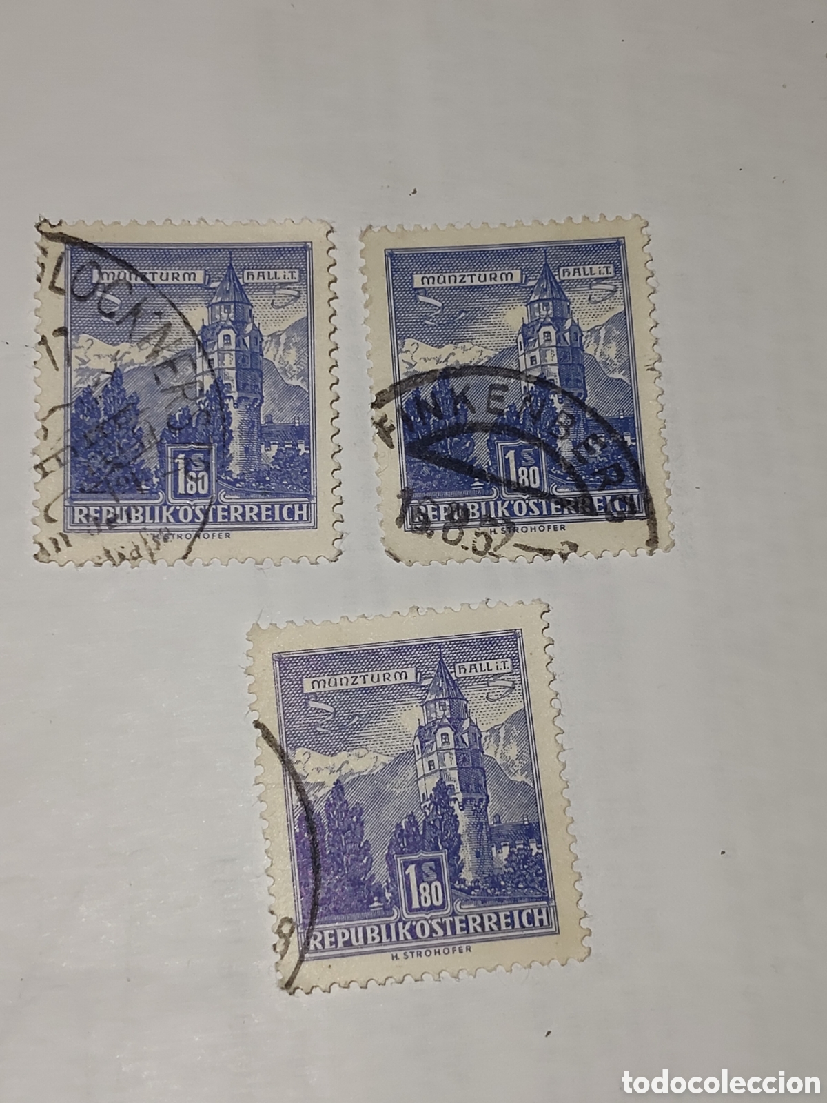 Sellos: 3 sellos de Austria serie Arquitectura y edificios torre de la moneda en Tirol 1958