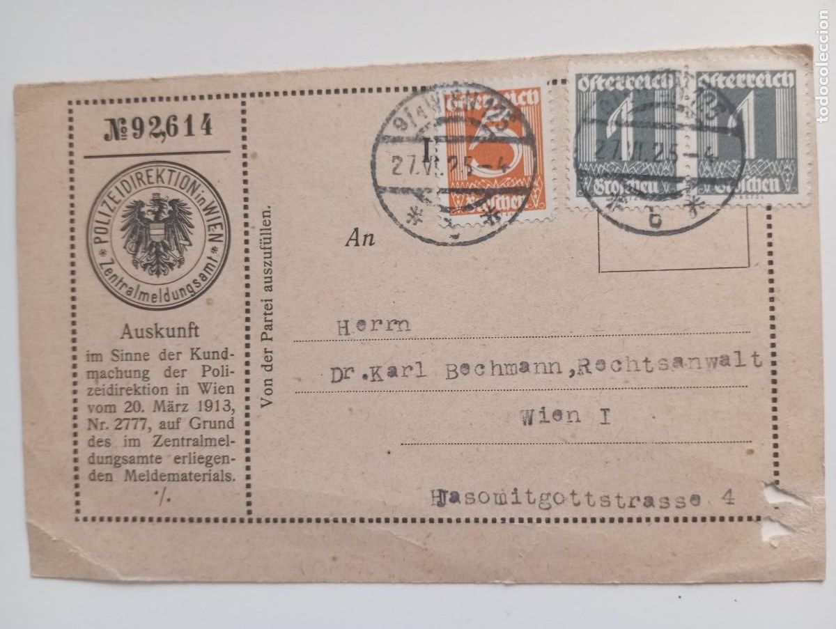 Sellos: AUSTRIA, 1925, FORMULARIO POSTAL DE LA POLICIA.