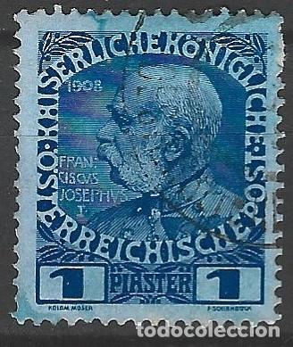 Sellos: AUSTRIA - 1908 - IMPERADOR FRANZ JOSEPH I (FRANZISCO JOS&Eacute;)- SELLO AZUL - 1 PIASTRE - MAYOR - SELLADO