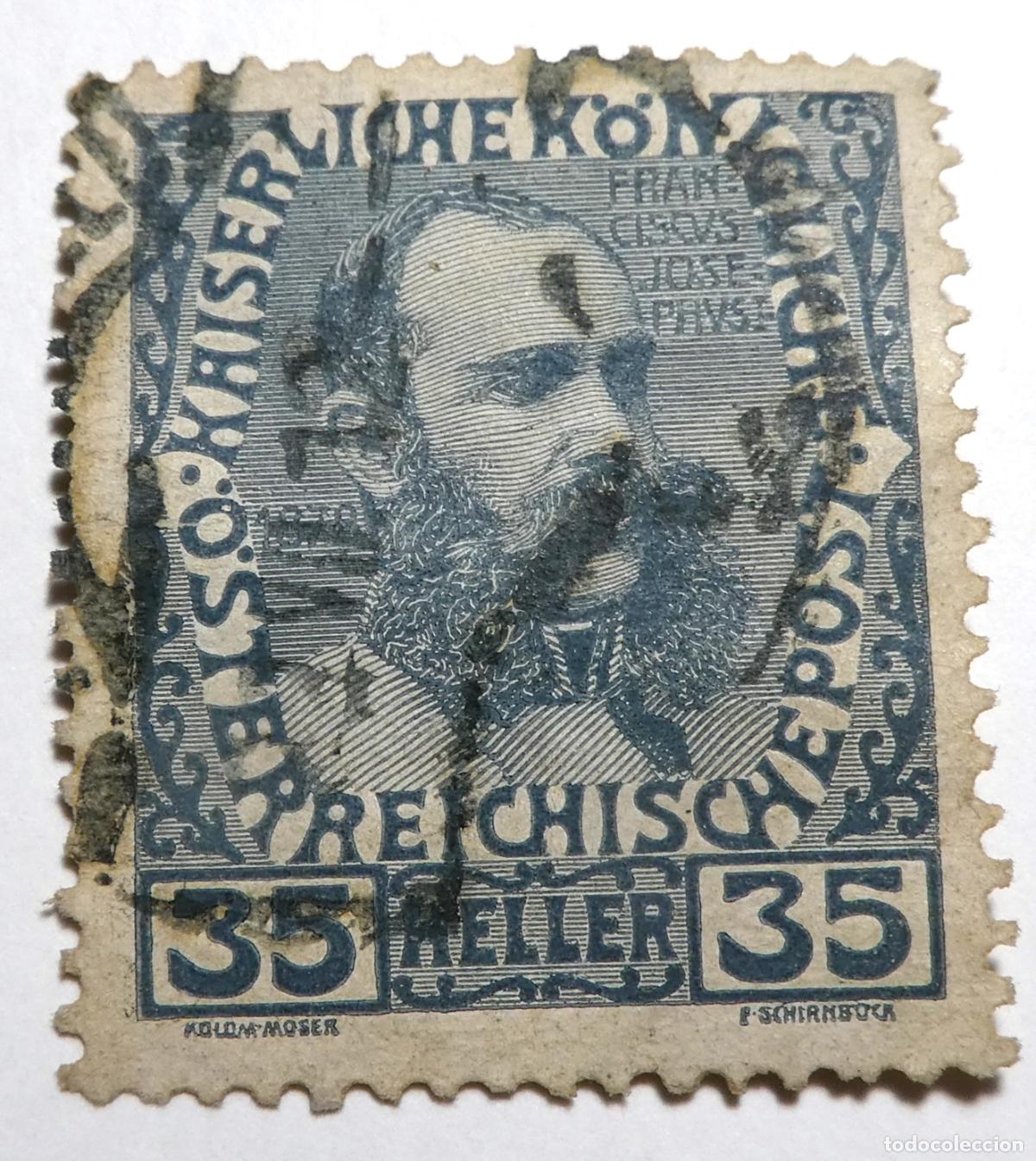 Sellos: Sello postal de Austria 35 heller 1908, 60.&ordm; aniversario reinado del emperador Francisco Jos&eacute;