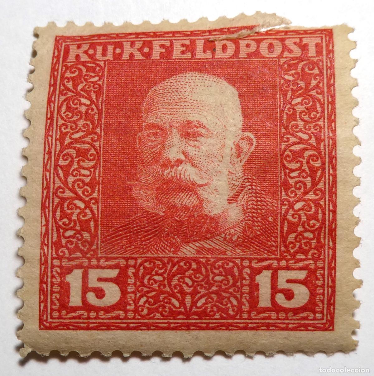 Sellos: Sello postal de Imperio austroh&uacute;ngaro ,Francisco Jos&eacute; I ,15 heller 1915