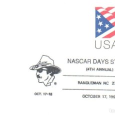 Sellos: ESTADOS UNIDOS, NASCAR DAY STATION, REUNIÓN ANUAL DE LOS AMANTES DEL AUTOMÓVIL, MATASELLO 17-10-1992