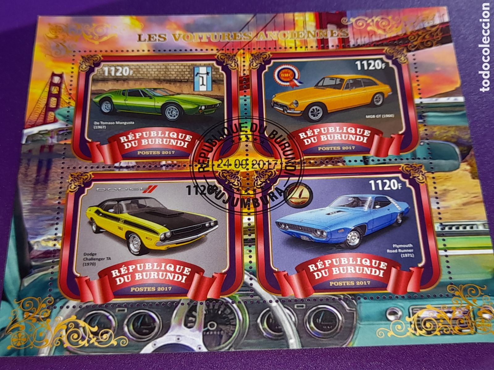 Sellos: HB Burundi mtdo 2017. Transporte. Coches. Autom&oacute;vil. Veh&iacute;culo. Dodge. MGB