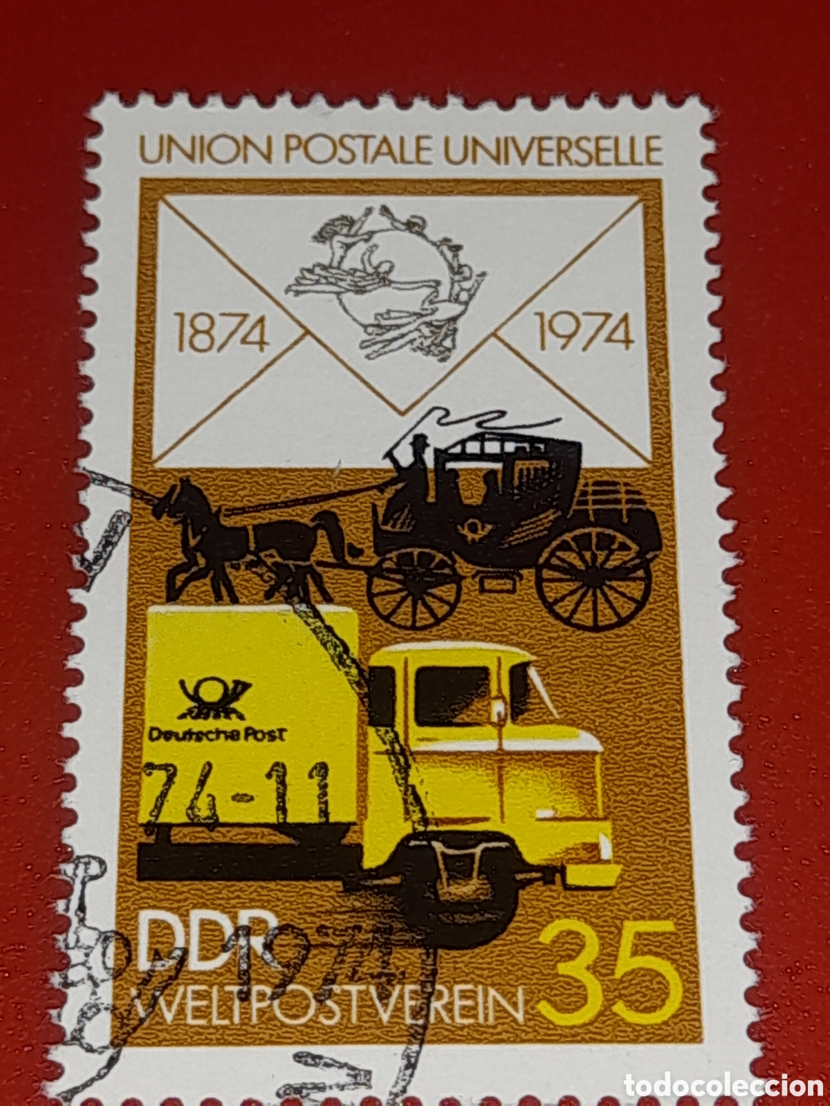 Sellos: Sello Alemania, DDR nuevo 1974. 100Aniv Uni&oacute;n Postal Universal. Cami&oacute;n. Carruaje. Carreta. Caballo.