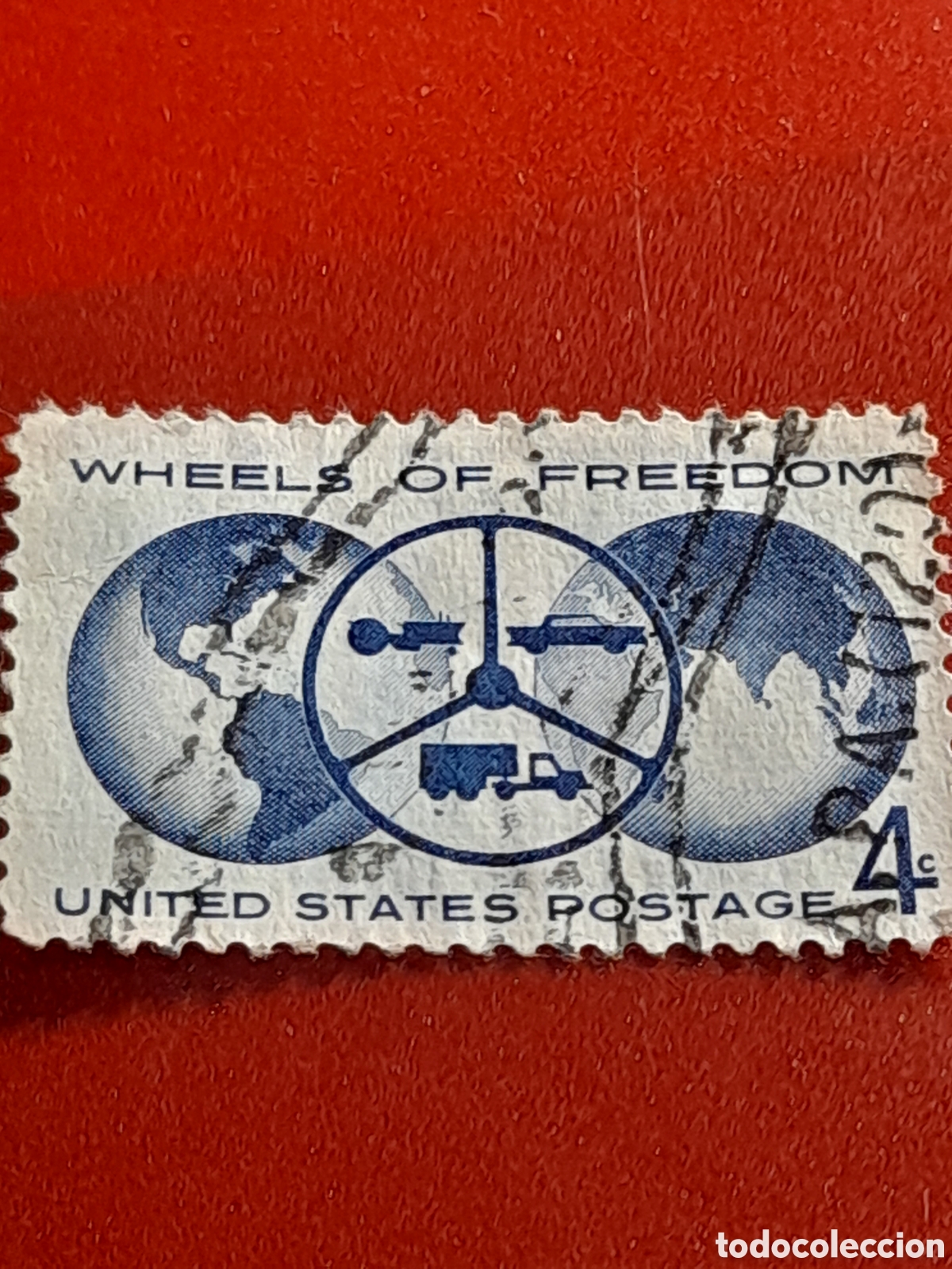 Sellos: Sello Estados Unidos mtdo/udo 1960. Exp automovil&iacute;stica. Volante. Coches. Globo terr&aacute;queo. Tractor.