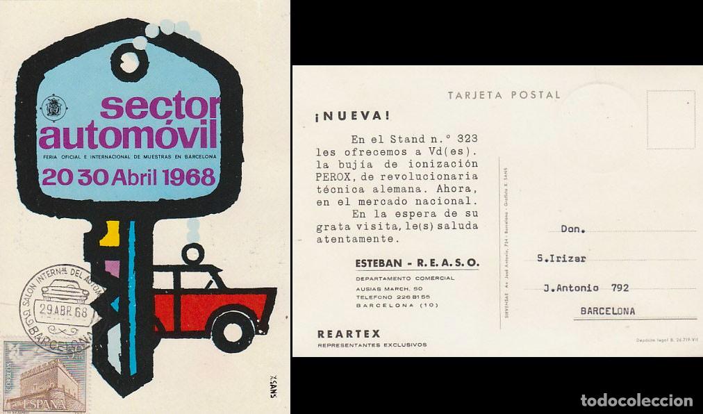 Sellos: A&ntilde;o 1968, salon del automovil de Barcelona, en tarjeta del salon, MUESTRO LAS DOS CARA, MUY RARO