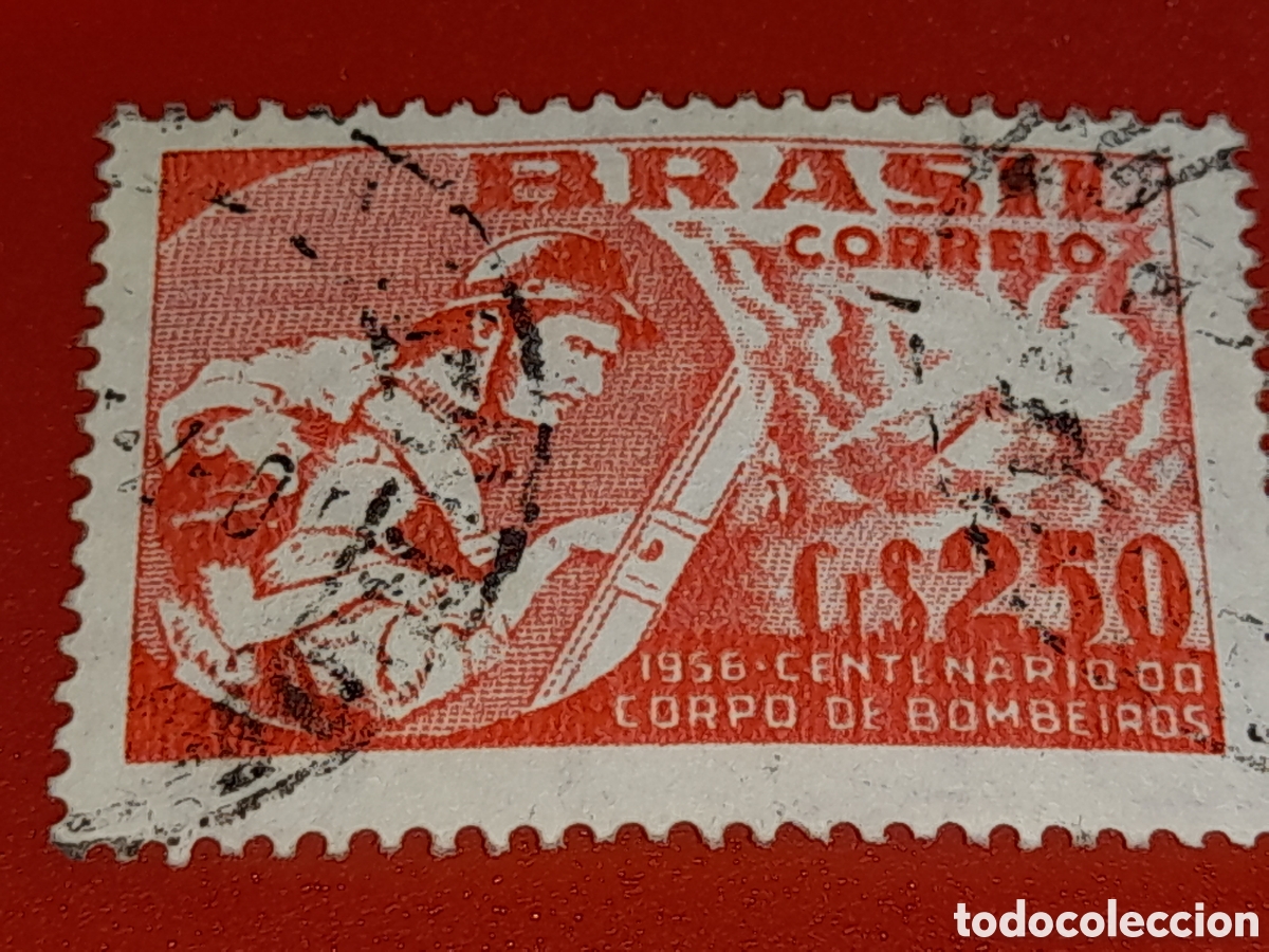 Sellos: Sello Brasil mtdo/udo 1956. 100Aniv cuerpo bomberos. Uniforme. Incendio. Rescate. Ni&ntilde;o. Camion