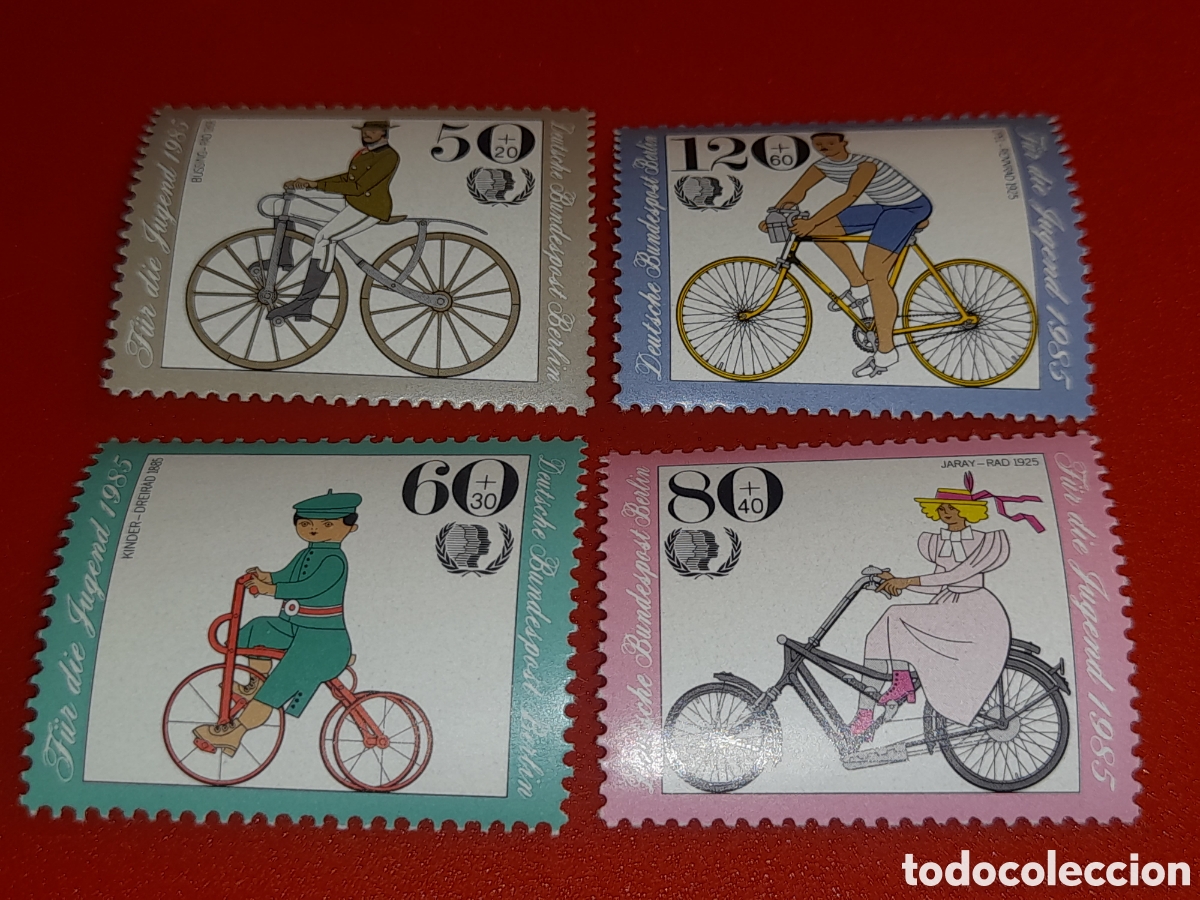Sellos: Sello Alemania. Berlin nuevo 1985. Pro juventud. Bicicletas se &eacute;poca. Historia. Triciclo. Motociclet