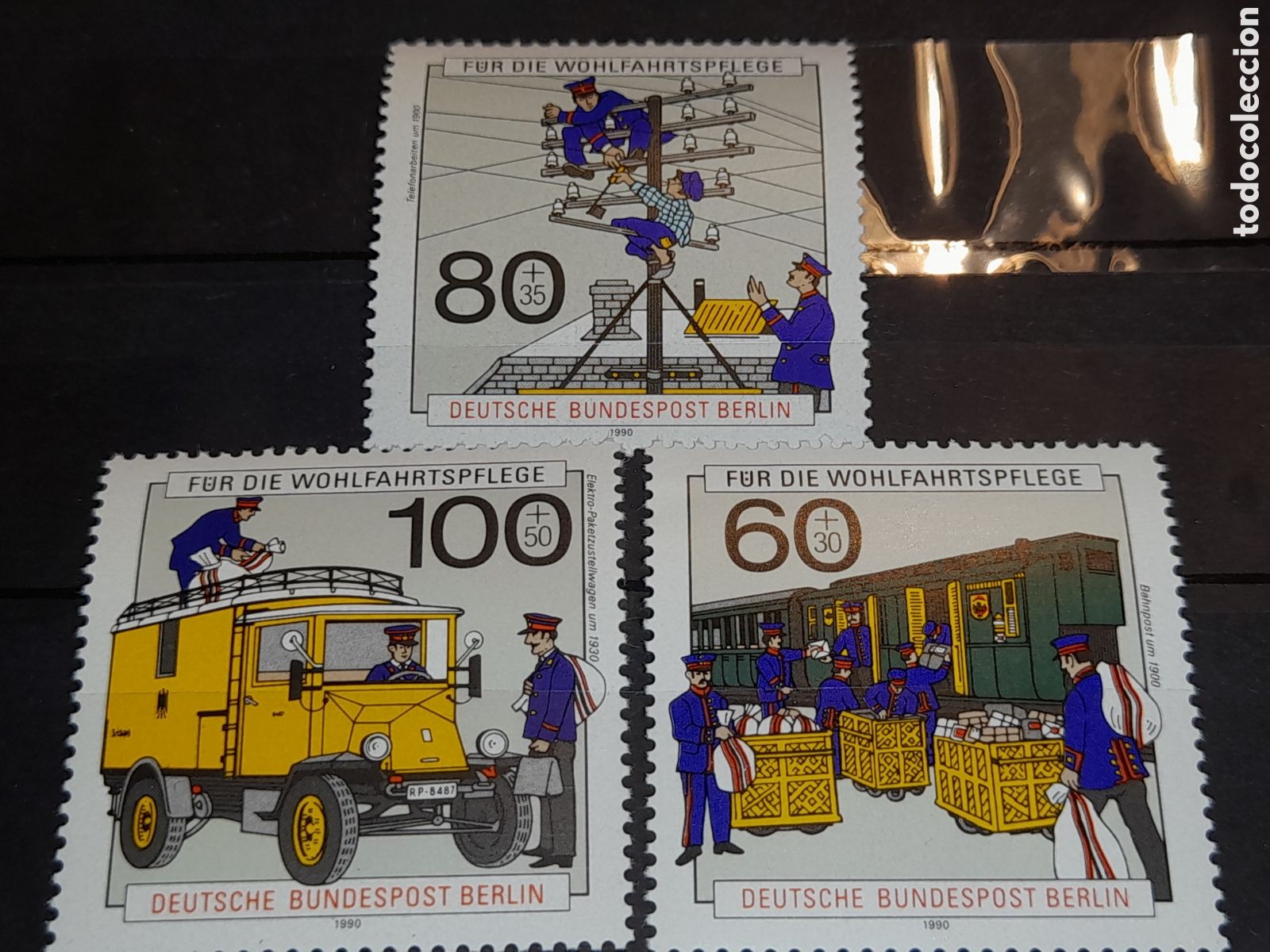 Sellos: Sello Alemania, Berlin nuevo 1990. Beneficiencia. Historia Cartero Vagon. Trenes. Furgoneta. Camion.