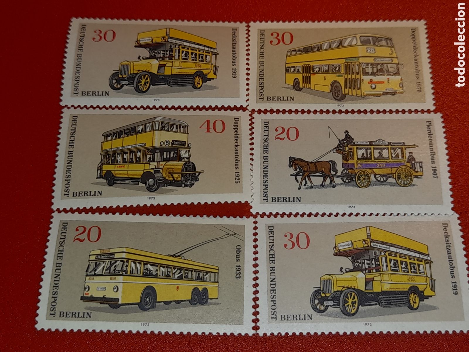 Stamps: Sello Alemania, Berl&iacute;n nuevo 1973. Transportes ciudad. Carruaje. Tranv&iacute;a. Caballos. Autob&uacute;s. Bus. Co