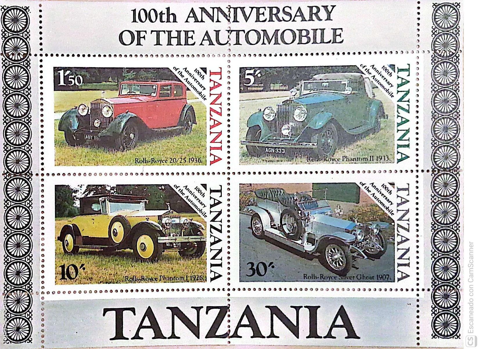 Sellos: Tanzania. HB 42 Centenario autom&oacute;vil: 20/25, Phantom II, Phantom I y Silver Ghost. 1986. Sellos nue